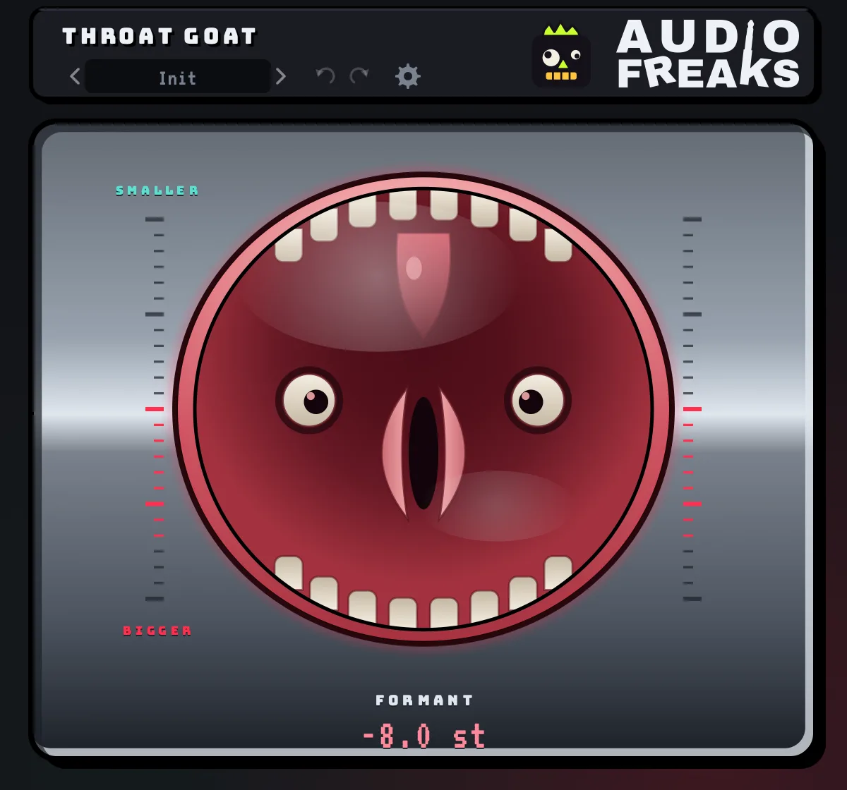 THROAT GOAT at FORMANT −8.0 st — eight down, and the eyes narrow with it